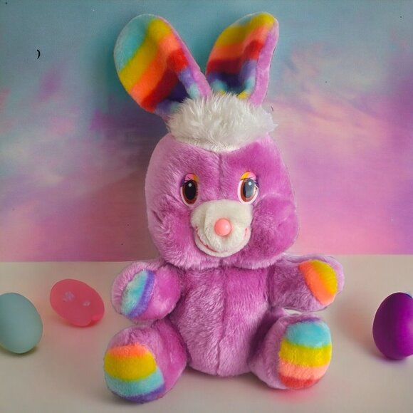 Stuffed Plush Rainbow Bunny Vintage Pink Smiling Rabbit By Animal‎ Toy 1984 Rare - Picture 11 of 14